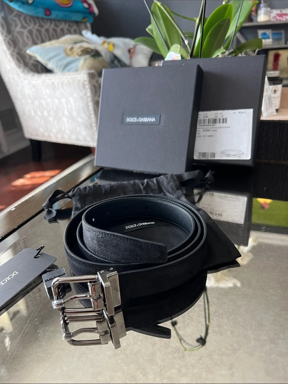 Dolce & Gabbana Black suede Leather Belt with Silver-Tone Double Buckle